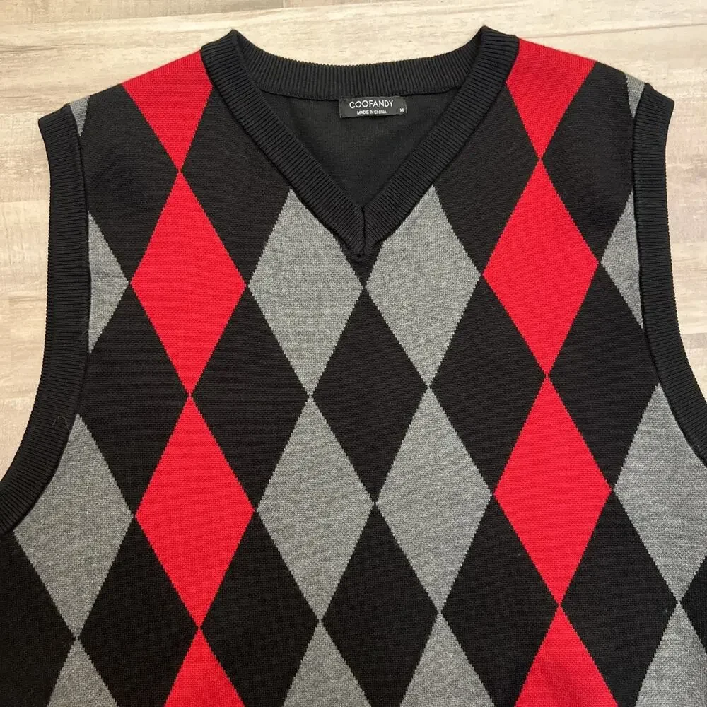 Coofandy Mens‎ MED Red Black Vest Sleeveless Argyle Pattern Deck Of Cards V-neck
